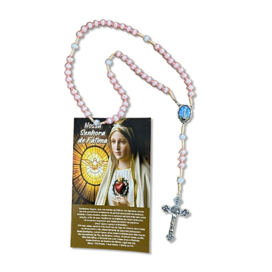 TERÇO ACRÍLICO ROSA COM FECHO NOSSA SENHORA DE FÁTIMA 08MM (1 UNIDADE)