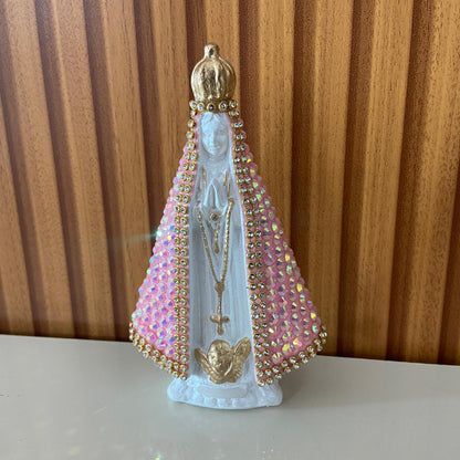 IMAGEM DE GESSO NOSSA SENHORA APARECIDA BRANCA COM STRASS ROSA 14CM (1 UNIDADE)
