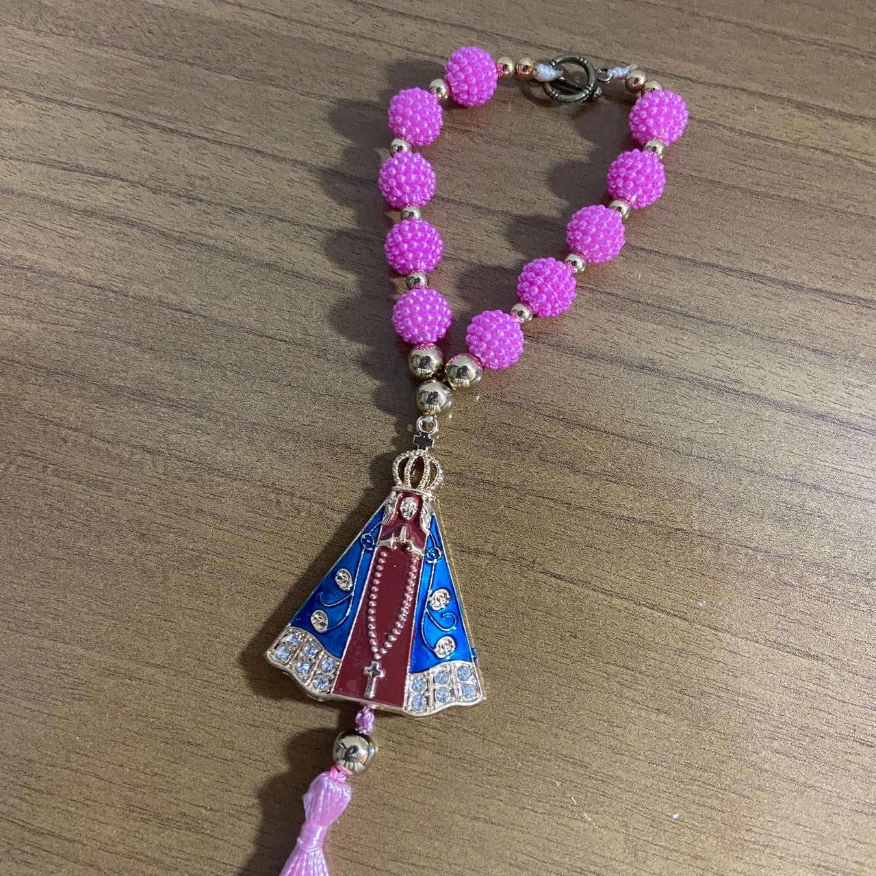 DEZENA PARA CARRO NOSSA SENHORA APARECIDA MARROM AMORA ROSA 12MM (3 UNIDADES)