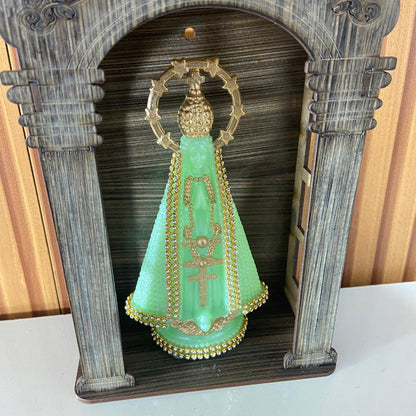 ORATÓRIO DE PAREDE E MESA MDF + IMAGEM DE PLÁSTICO NOSSA SENHORA APARECIDA FLUORESCENTE COM STRASS 15CM (1 UNIDADE)