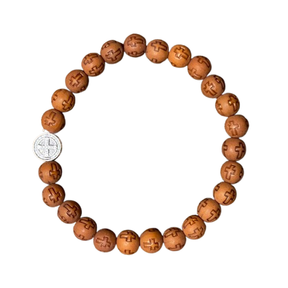 PULSEIRA DE MADEIRA MARROM CONTAS DECORADAS CRUZ  NOSSA SENHORA APARECIDA  (06 UNIDADES)