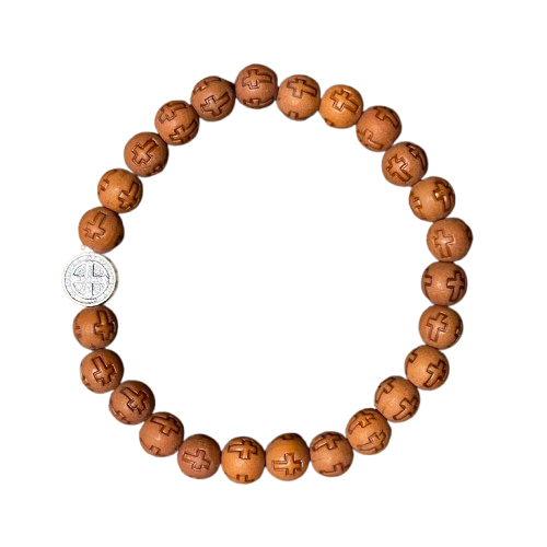 PULSEIRA DE MADEIRA MARROM CONTAS DECORADAS CRUZ  NOSSA SENHORA APARECIDA  (06 UNIDADES)