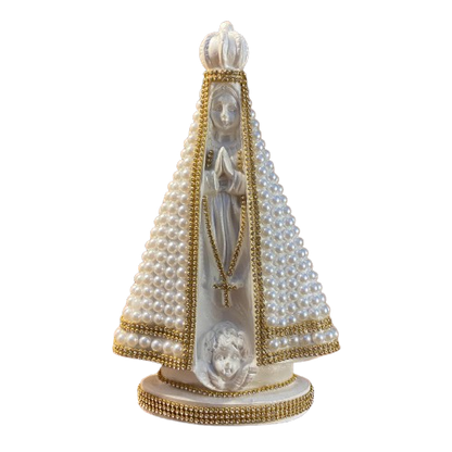 IMAGEM DE GESSO NOSSA SENHORA APARECIDA BRANCA PÉROLA BRANCA COM STRASS 26,5CM MOD 2   (1 UNIDADE)