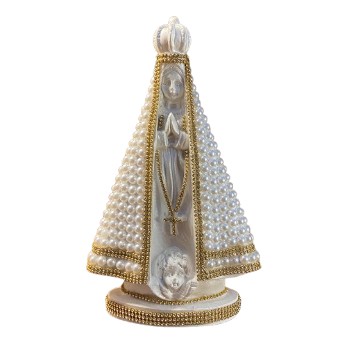IMAGEM DE GESSO NOSSA SENHORA APARECIDA BRANCA PÉROLA BRANCA COM STRASS 26,5CM MOD 2   (1 UNIDADE)
