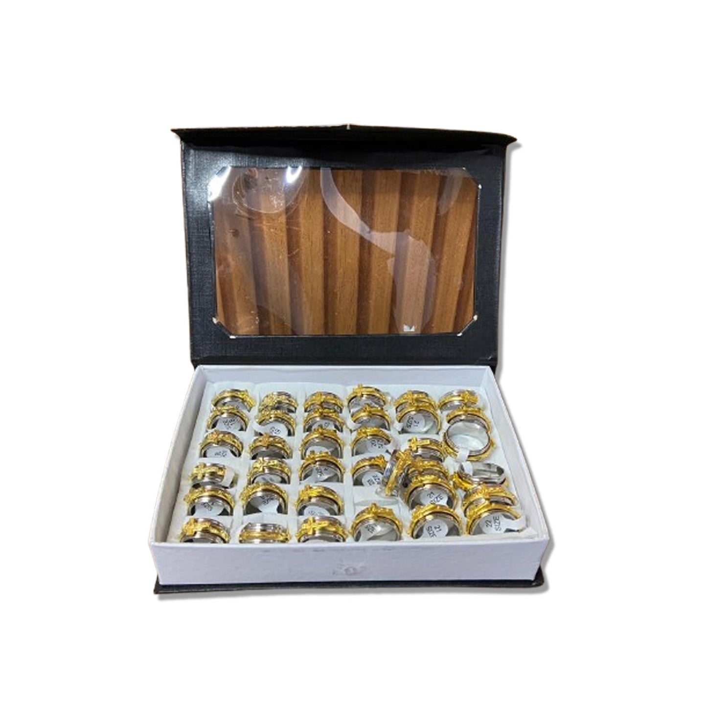 ANEL AÇO INOX COM CRUCIFIXO DOURADO  (36 UNIDADES)