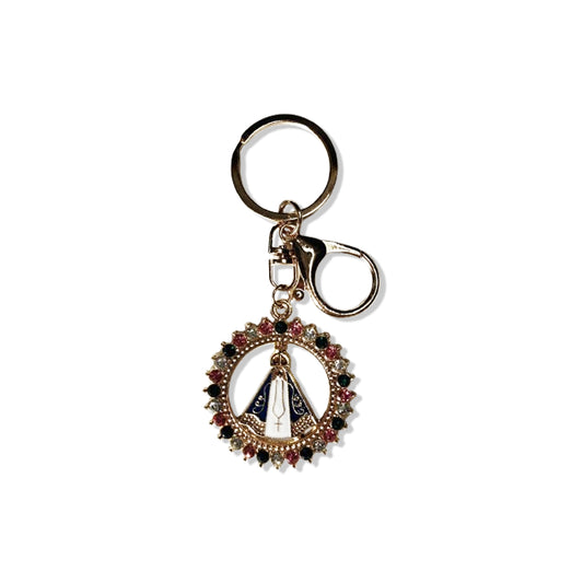 CHAVEIRO LUXO  COM MOSQUETE NOSSA SENHORA APARECIDA MADREPÉROLA COM STRASS COLORIDO (6 UNIDADES)