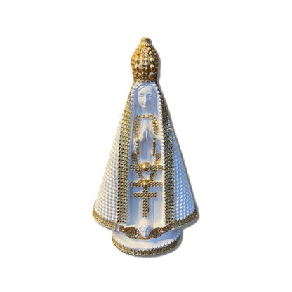 IMAGEM DE GESSO NOSSA SENHORA APARECIDA BRANCA E DOURADA COM STRASS 19,5CM (1 UNIDADE)