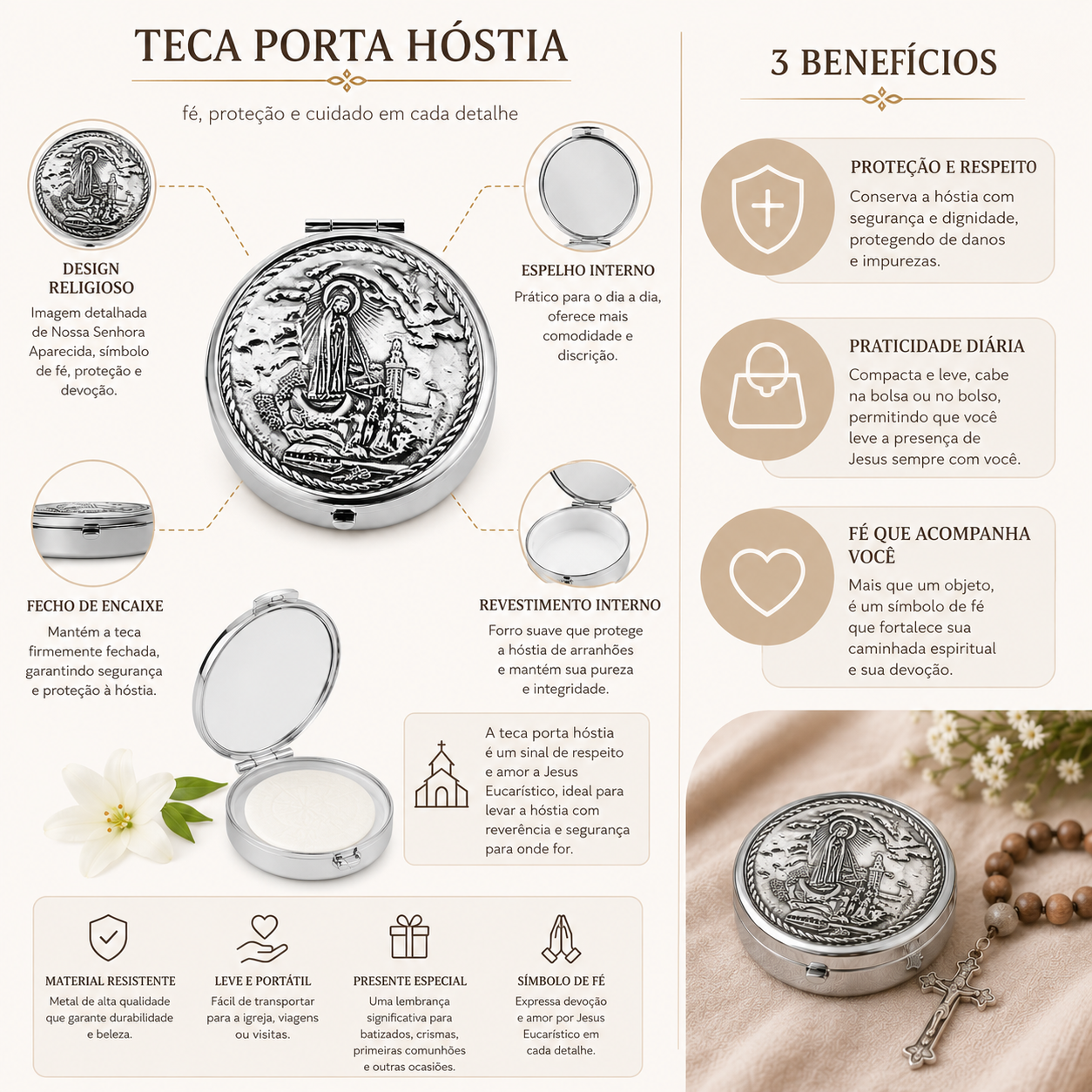 TECA PRATEADA NOSSA SENHORA DE FÁTIMA  (1 UNIDADE)