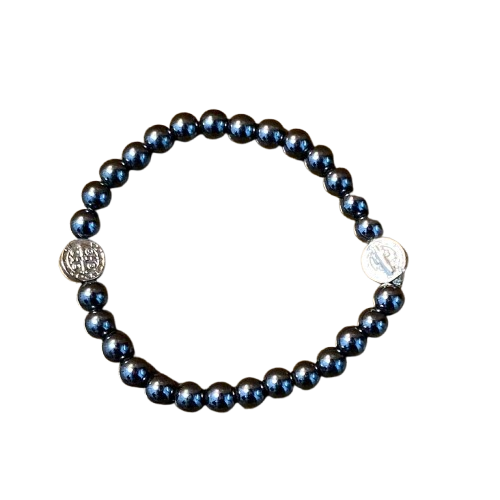 PULSEIRA HEMATITA MEDALHA SÃO BENTO 06MM MOD3  ( 1 UNIDADE)