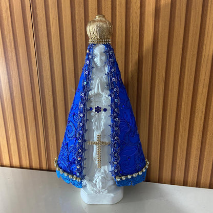 IMAGEM DE GESSO NOSSA SENHORA APARECIDA BRANCA MANTO AZUL COM STRASS MOD1 31CM (1 UNIDADE)