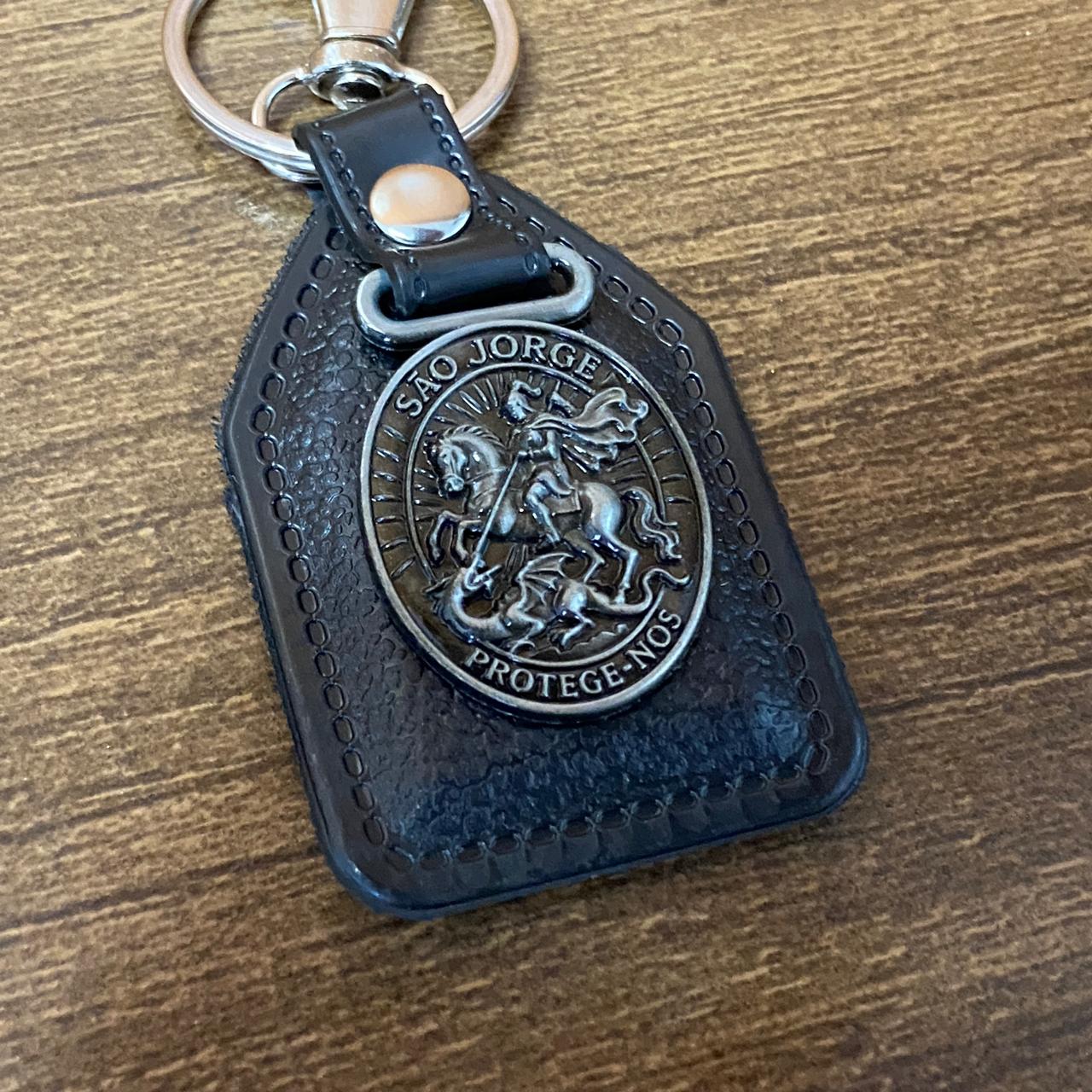 CHAVEIRO COURO COM MOSQUETE SÃO JORGE PRATA VELHA ( 6 UNIDADES)