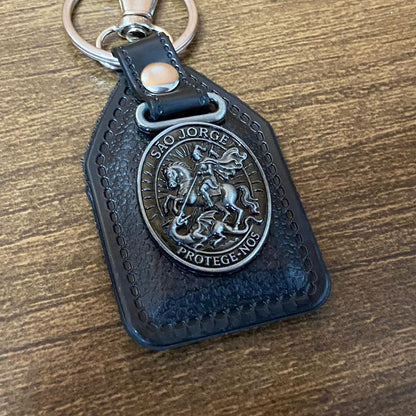 CHAVEIRO COURO COM MOSQUETE SÃO JORGE PRATA VELHA ( 6 UNIDADES)