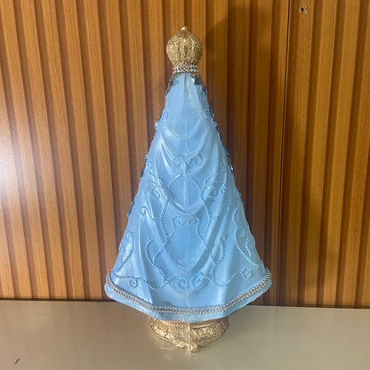 IMAGEM DE GESSO NOSSA SENHORA APARECIDA DOURADA E AZUL COM STRASS E PEDRARIA 33CM  MOD 2 (1 UNIDADE)