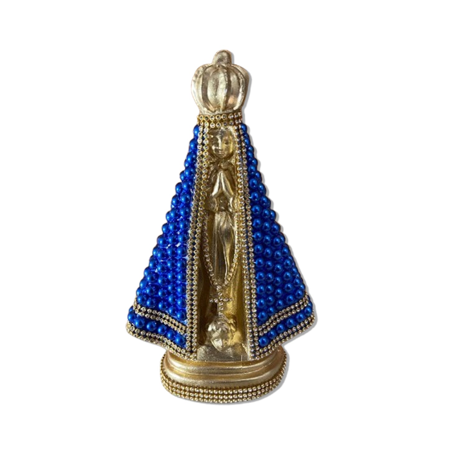 IMAGEM DE GESSO NOSSA SENHORA APARECIDA DOURADA COM PÉROLA AZUL  22,5CM (1 UNIDADE)