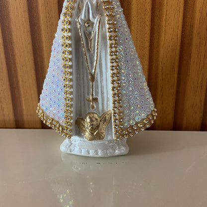 IMAGEM DE GESSO NOSSA SENHORA APARECIDA BRANCA COM STRASS BRANCO 14CM (1 UNIDADE)
