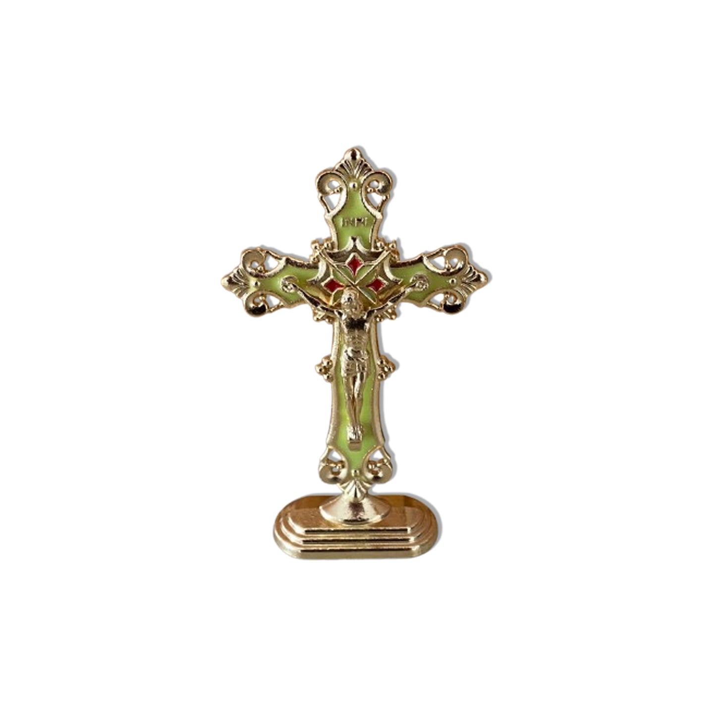 CRUCIFIXO PARA CARRO VERDE E DOURADO (12 UNIDADES)