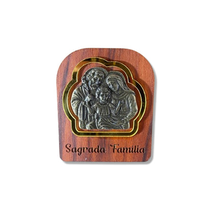 ADORNO DE MESA MADEIRA SAGRADA FAMÍLIA DE METAL COM ACRÍLICO 9,5CM(1 UNIDADE)