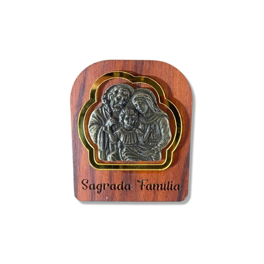 ADORNO DE MESA MADEIRA SAGRADA FAMÍLIA DE METAL COM ACRÍLICO 9,5CM(1 UNIDADE)