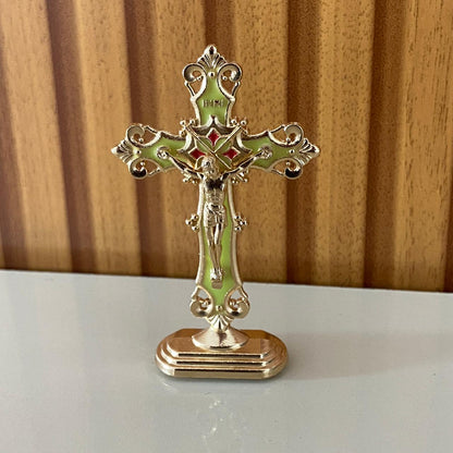 CRUCIFIXO PARA CARRO VERDE E DOURADO (12 UNIDADES)