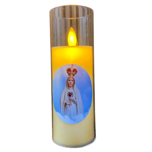 VELA ELETRÔNICA NO COPO DE ACRÍLICO NOSSA SENHORA DE FÁTIMA  15CM (1 UNIDADE)