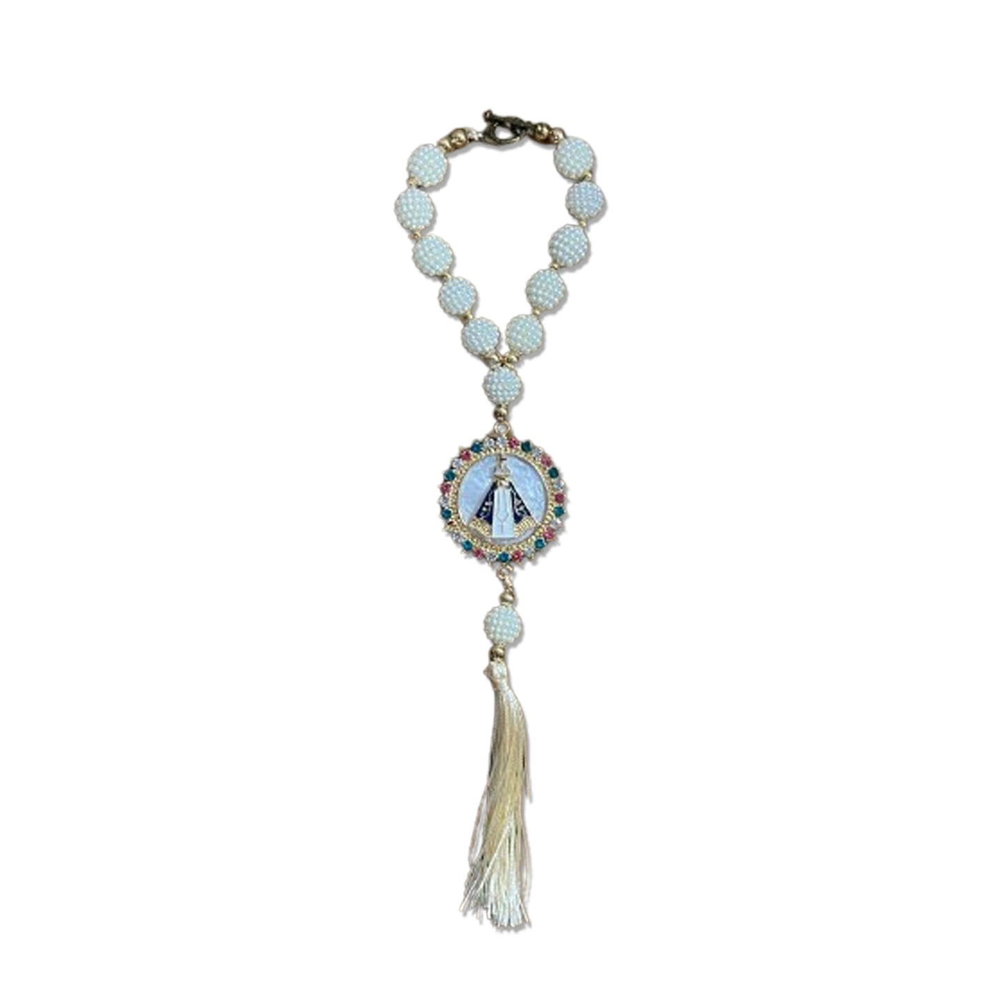 DEZENA PARA CARRO DOURADA NOSSA SENHORA APARECIDA MADREPÉROLA COM STRASS COLORIDO AMORA BRANCA 12MM (3 UNIDADES)