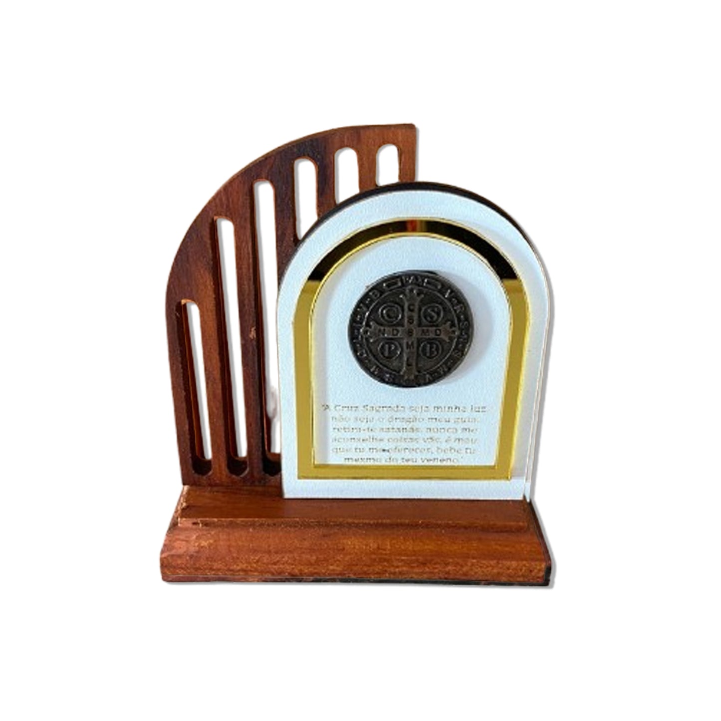 ADORNO DE MESA MADEIRA MEDALHA SÃO BENTO DE METAL COM ORAÇÃO 14CM(1 UNIDADE)