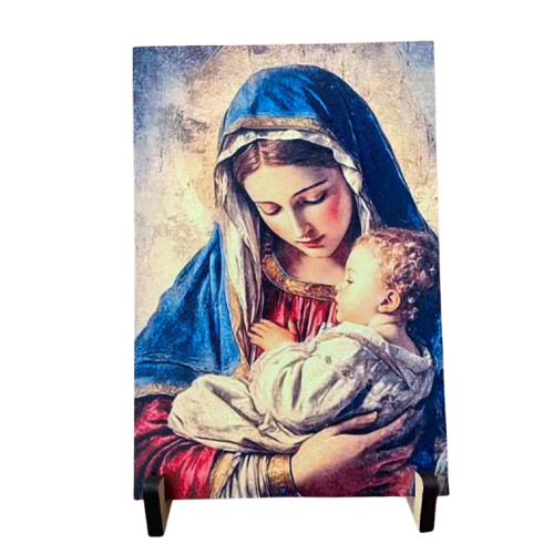 PLAQUINHA DE MESA MDF RESINADO NOSSA SENHORA COM MENINO JESUS 19CM x 13CM  (1 UNIDADE)