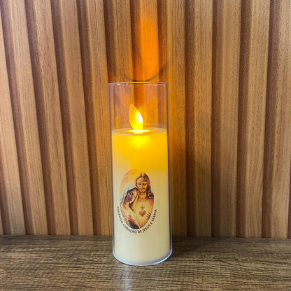 VELA ELETRÔNICA NO COPO DE ACRÍLICO SAGRADO CORAÇÃO DE JESUS E IMACULADO CORAÇÃO DE MARIA 15CM (1 UNIDADE)
