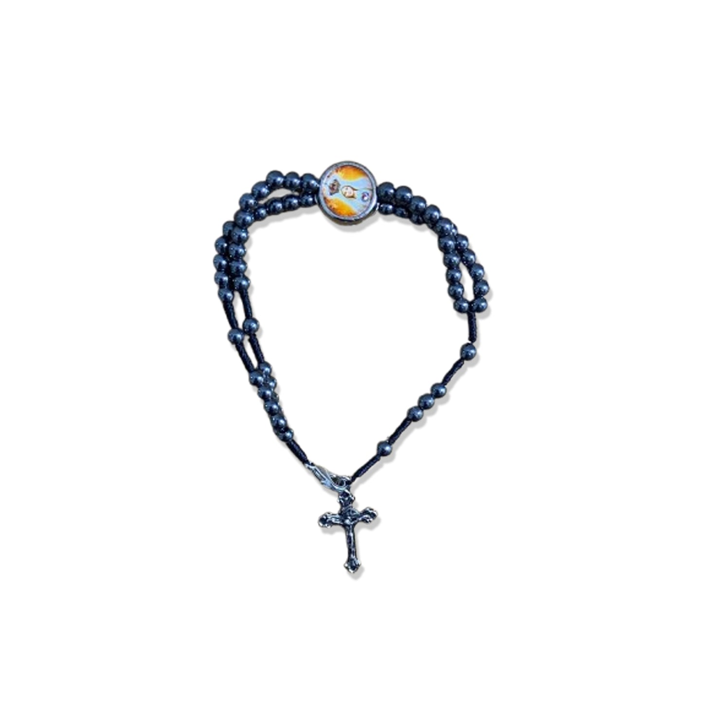 TERÇO PULSEIRA HEMATITA MEDALHA RESINADA NOSSA SENHORA DE FÁTIMA  ( 6 UNIDADES)