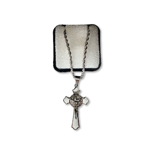 CORRENTE COM CRUCIFIXO MEDALHA SÃO BENTO BRANCO ( 3 UNIDADES)