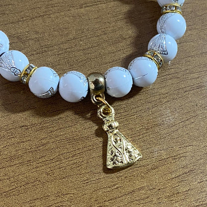 PULSEIRA PÉROLA CONTAS DECORADAS BRANCA NOSSA SENHORA APARECIDA  (06 UNIDADES)