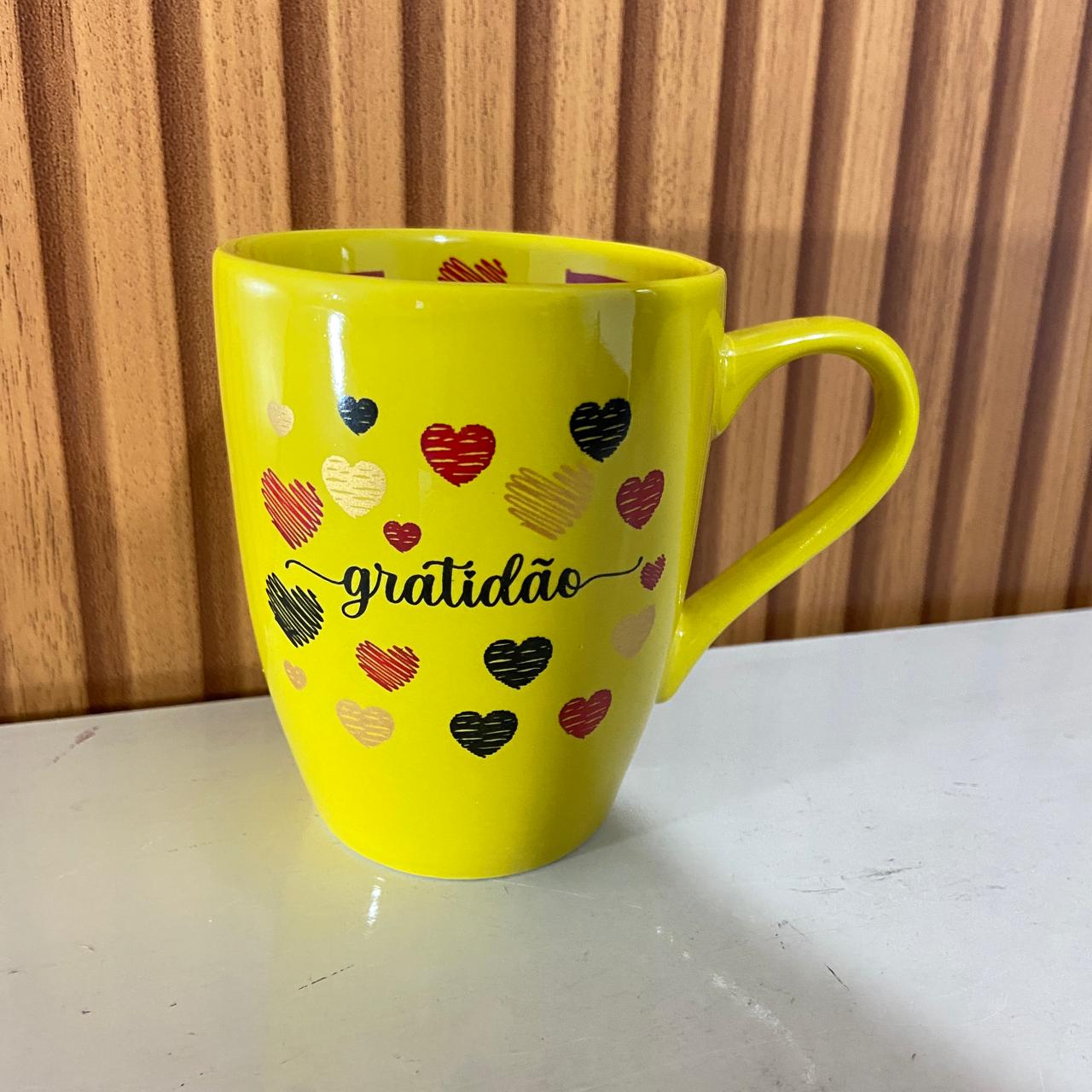 CANECA AMARELA DE PORCELANA GRATIDÃO (1 UNIDADE)