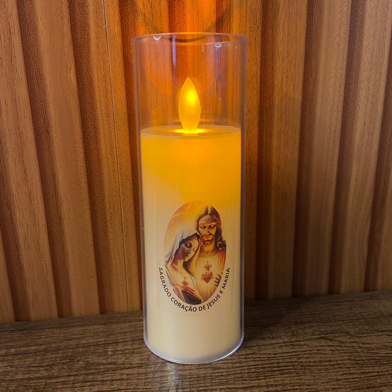 VELA ELETRÔNICA NO COPO DE ACRÍLICO SAGRADO CORAÇÃO DE JESUS E IMACULADO CORAÇÃO DE MARIA 15CM (1 UNIDADE)