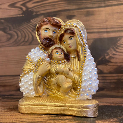BUSTO DE GESSO SAGRADA FAMÍLIA BRANCO E DOURADO COM PÉROLA E STRASS 13CM MOD 2 (1 UNIDADE)