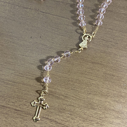 CORRENTE TERÇO CRISTAL NOSSA SENHORA APARECIDA ROSA TRANSPARENTE 04MM  (1 UNIDADE)