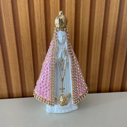 IMAGEM DE GESSO NOSSA SENHORA APARECIDA BRANCA COM STRASS ROSA 14CM (1 UNIDADE)