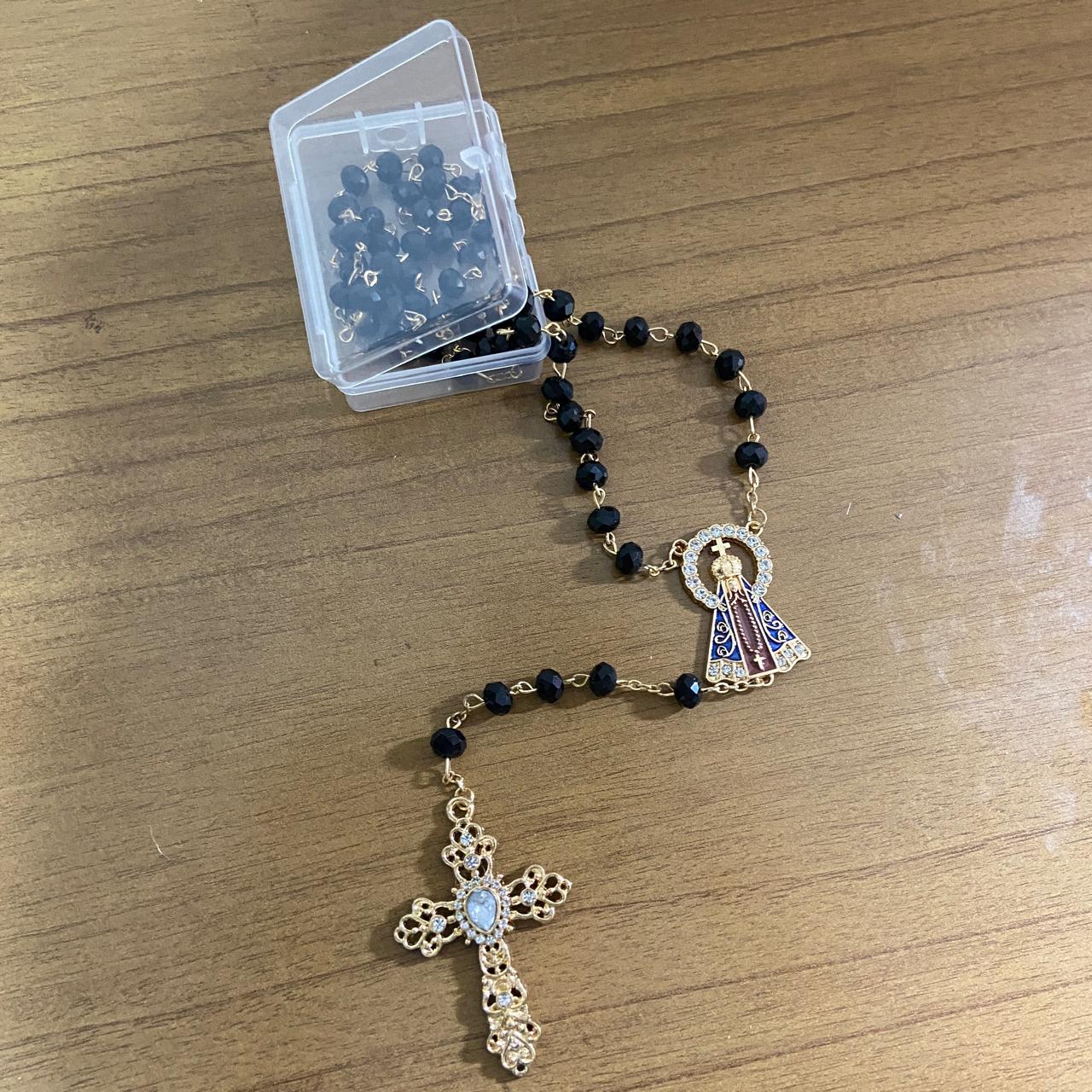 TERÇO DE NOIVA CRISTAL PRETO NOSSA SENHORA APARECIDA 06MM (1 UNIDADE)