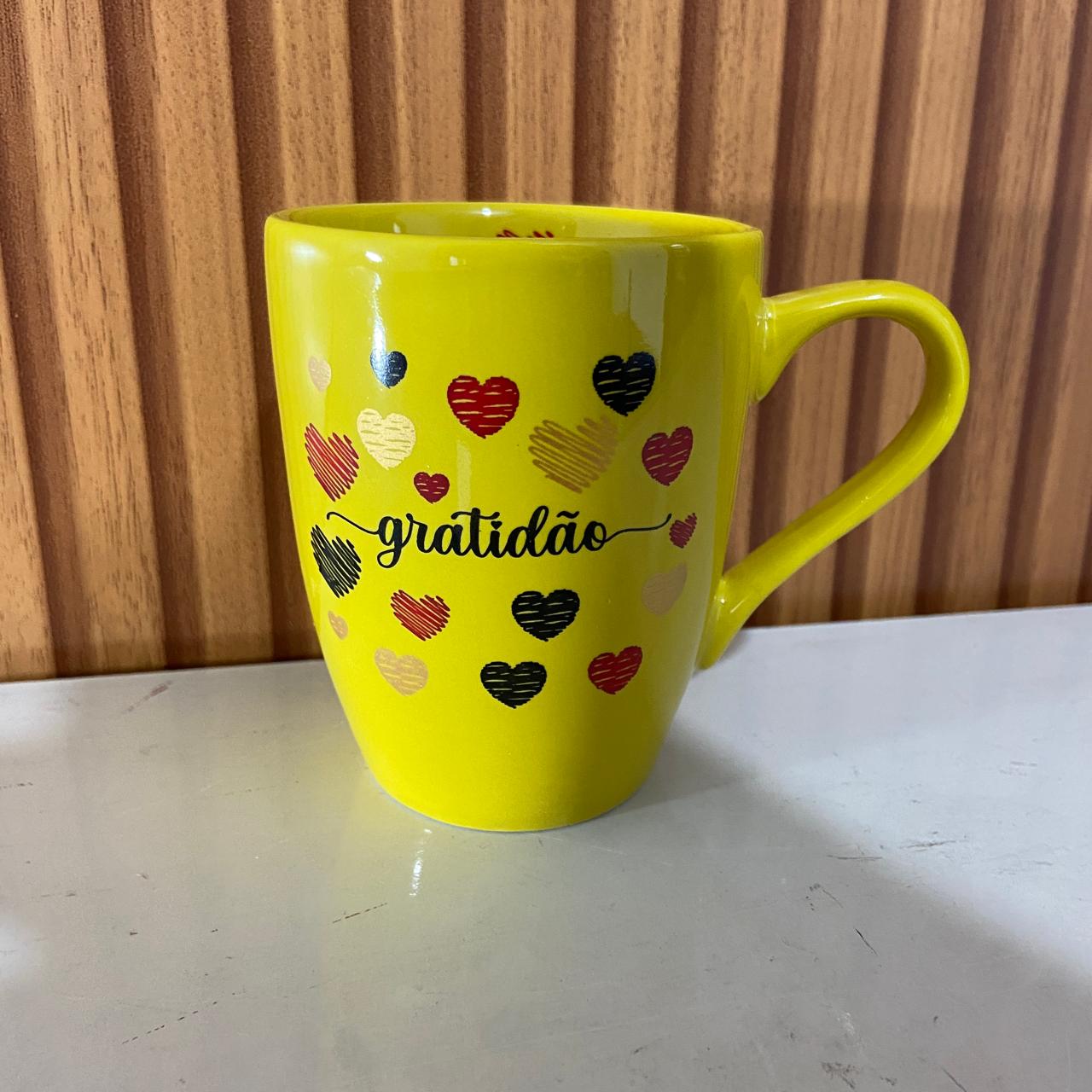 CANECA AMARELA DE PORCELANA GRATIDÃO (1 UNIDADE)