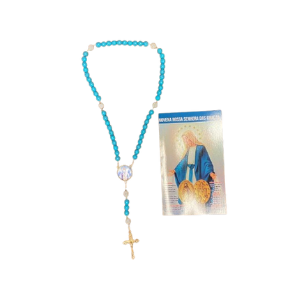 TERÇO PÉROLA AZUL COM MEDALHA RESINADA NOSSA SENHORA DAS GRAÇAS  8MM (1 UNIDADE)