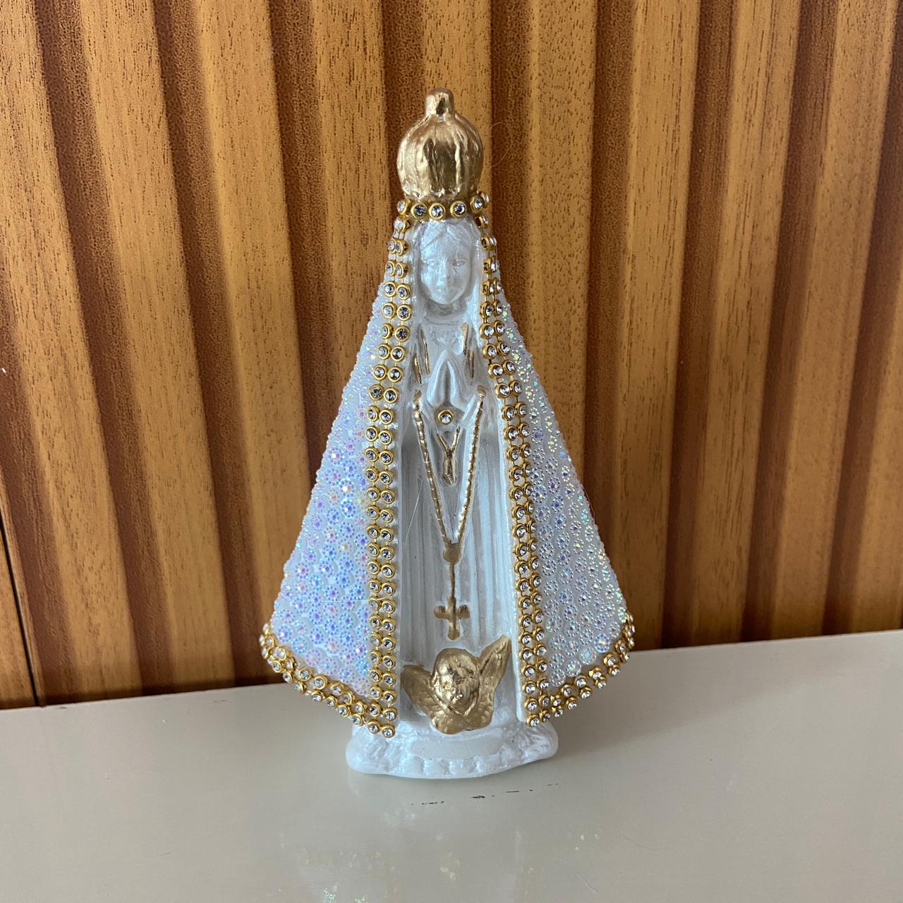 IMAGEM DE GESSO NOSSA SENHORA APARECIDA BRANCA COM STRASS BRANCO 14CM (1 UNIDADE)