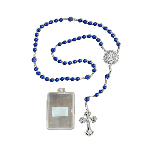 TERÇO DE NOIVA PRATEADO PÉROLA AZUL NOSSA SENHORA APARECIDA 08MM (1 UNIDADE)