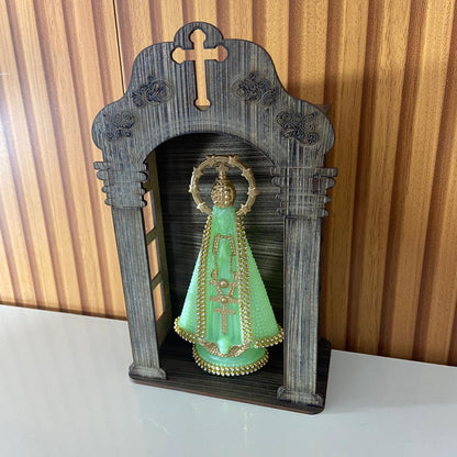 ORATÓRIO DE PAREDE E MESA MDF + IMAGEM DE PLÁSTICO NOSSA SENHORA APARECIDA FLUORESCENTE COM STRASS 15CM (1 UNIDADE)