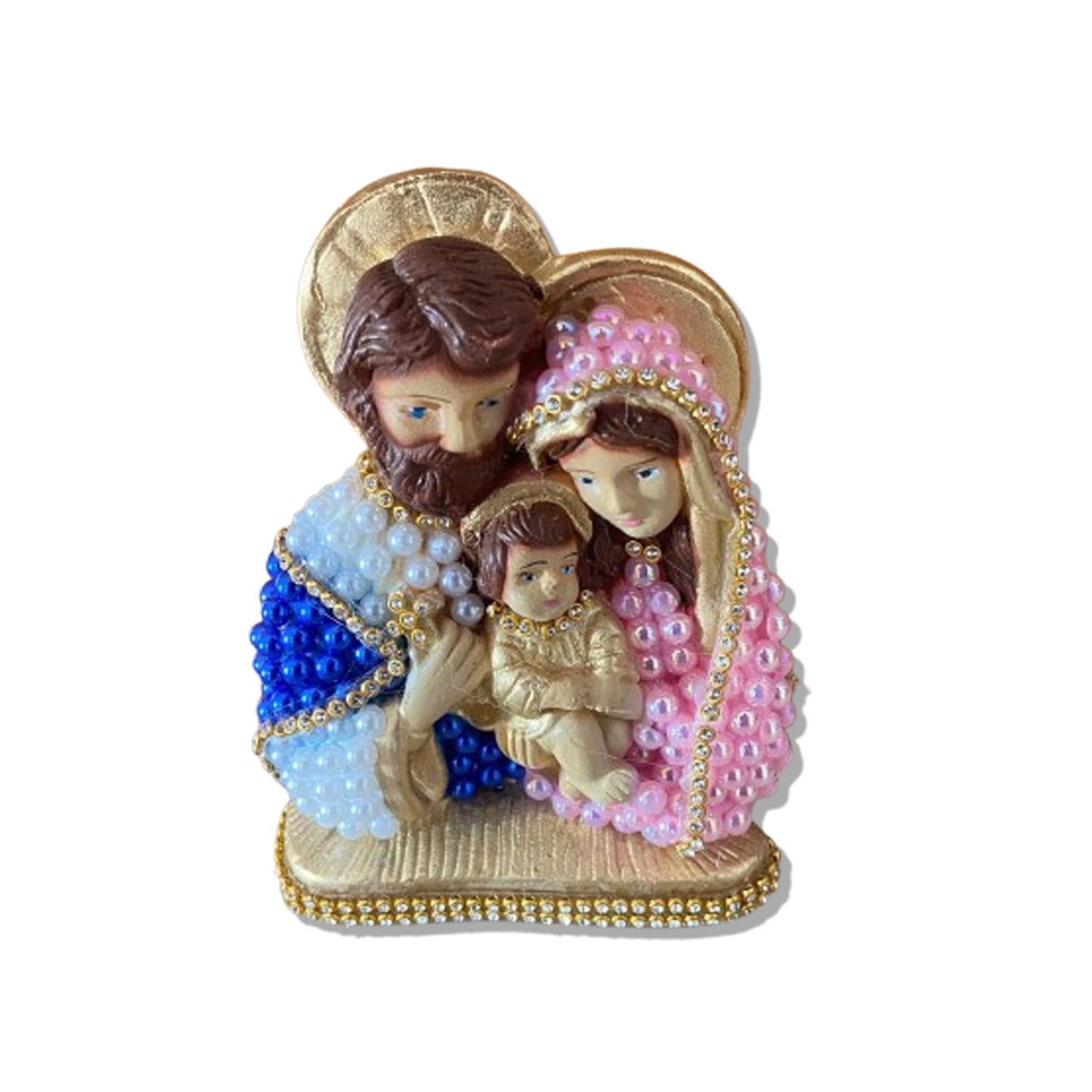 BUSTO DE GESSO SAGRADA FAMÍLIA COLORIDO COM PÉROLA E STRASS 13CM MOD 2 (1 UNIDADE)
