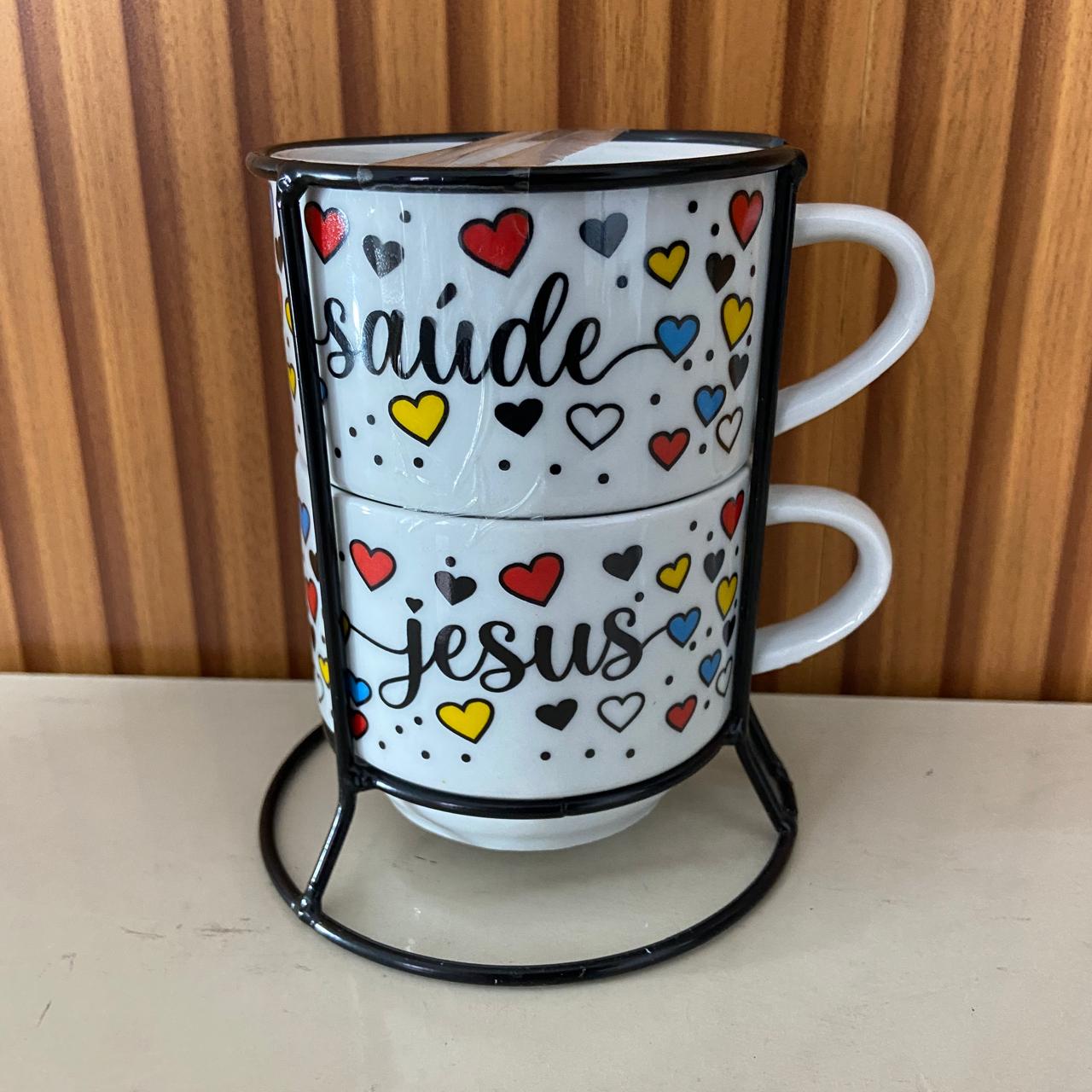 XÍCARA BRANCA EMPILHÁVEL SAÚDE E JESUS  ( 2 UNIDADES)