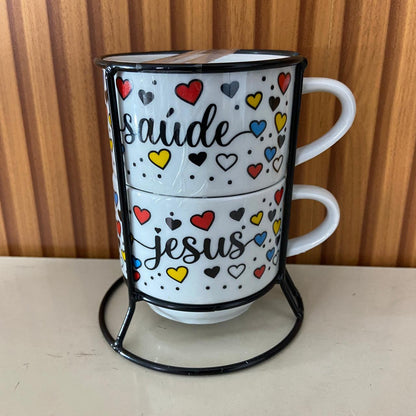 XÍCARA BRANCA EMPILHÁVEL SAÚDE E JESUS  ( 2 UNIDADES)