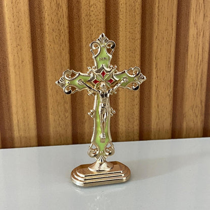 CRUCIFIXO PARA CARRO VERDE E DOURADO (12 UNIDADES)