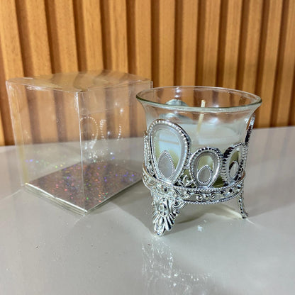 VELA DECORATIVA NO VIDRO COM SUPORTE DETALHADO 06CM (1 UNIDADE)