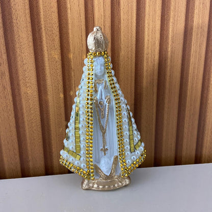 IMAGEM DE GESSO NOSSA SENHORA APARECIDA DOURADA COM MANTO ESPELHADO 14CM (1 UNIDADE)
