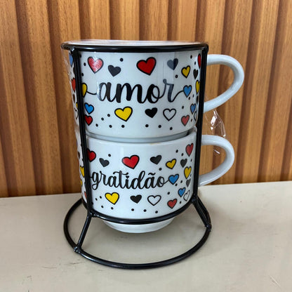 XÍCARA BRANCA EMPILHÁVEL AMOR E GRATIDÃO ( 2 UNIDADES)