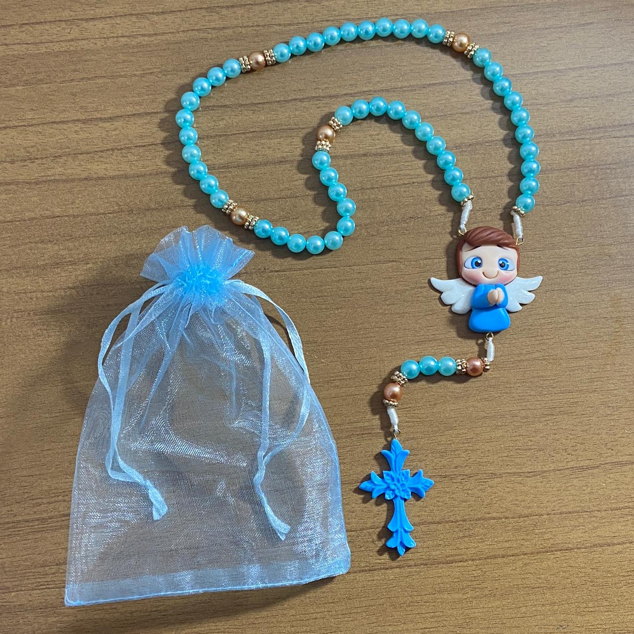 TERÇO PÉROLA AZUL ANJINHO AZUL DE BISCUIT (1 UNIDADE)